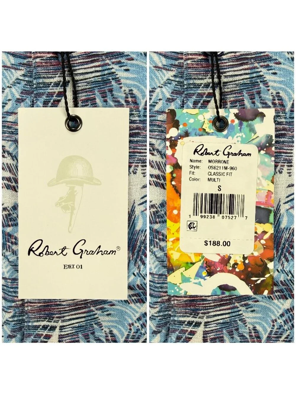 Robert Graham Shirt Men Small Blue Morrone Tropical Linen Short Sleeve Button Up